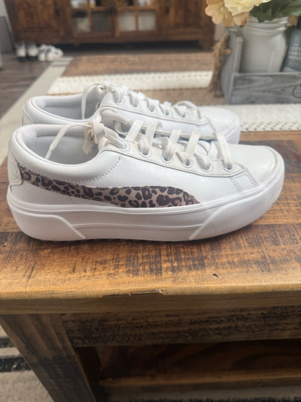 Puma White Platform Sneakers with Leopard-Print Formstrip